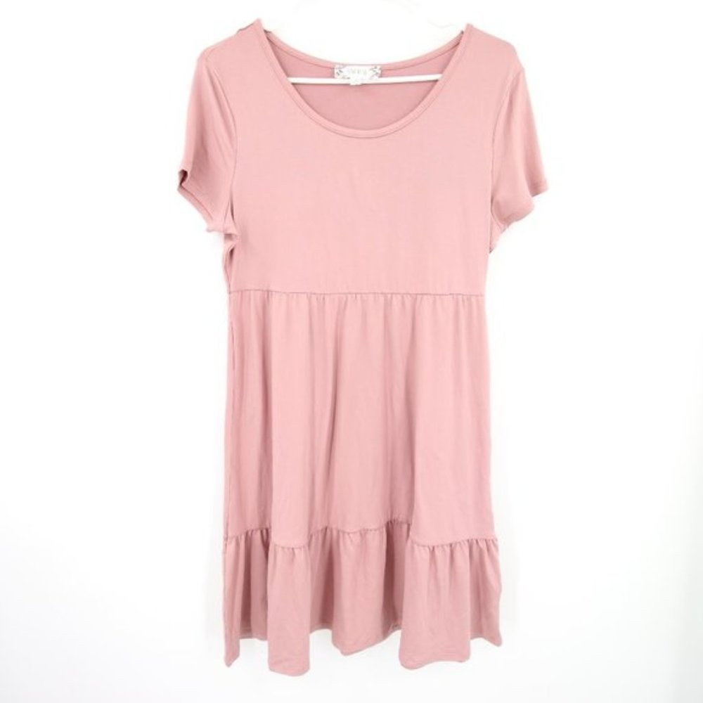 NWOT Pink Rose Mauve Tiered Summer Dress Short Sleeve Rounded Neckline Size L